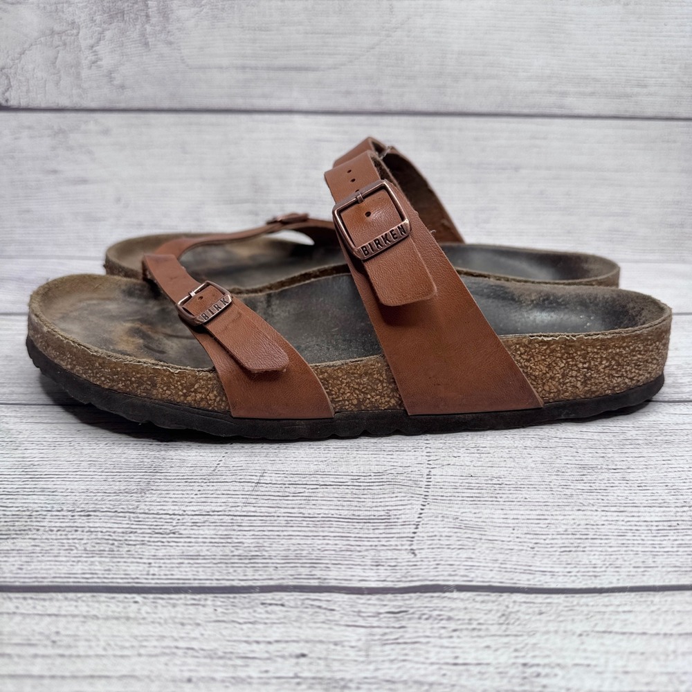 Birkenstock Salina Sandals Womens Cognac Brown Leather Slide 39 L8 FLAW